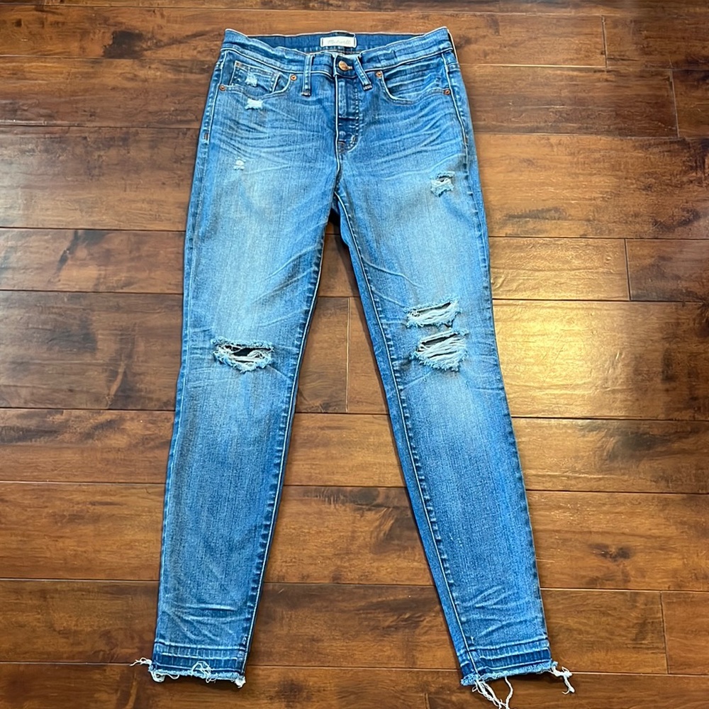 Madewell light/medium wash distressed high rise skinny jeans